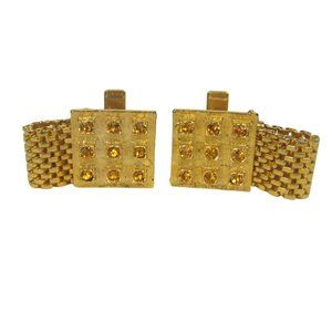 Lisa Mesh Cuff Link Goldtone Modern Orange Rhinestones Vintage Statement